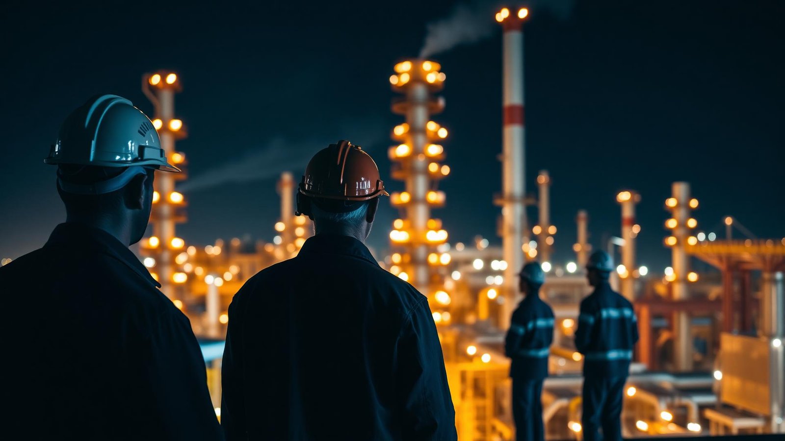 Equipe de engenheiros em planta industrial à noite