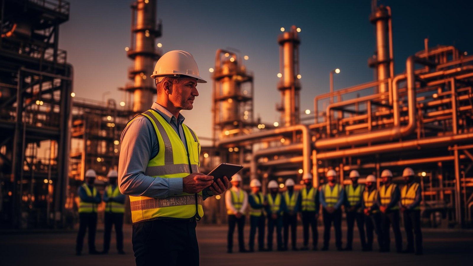 Engenheiro líder com tablet em planta industrial ao entardecer, com equipe ao fundo