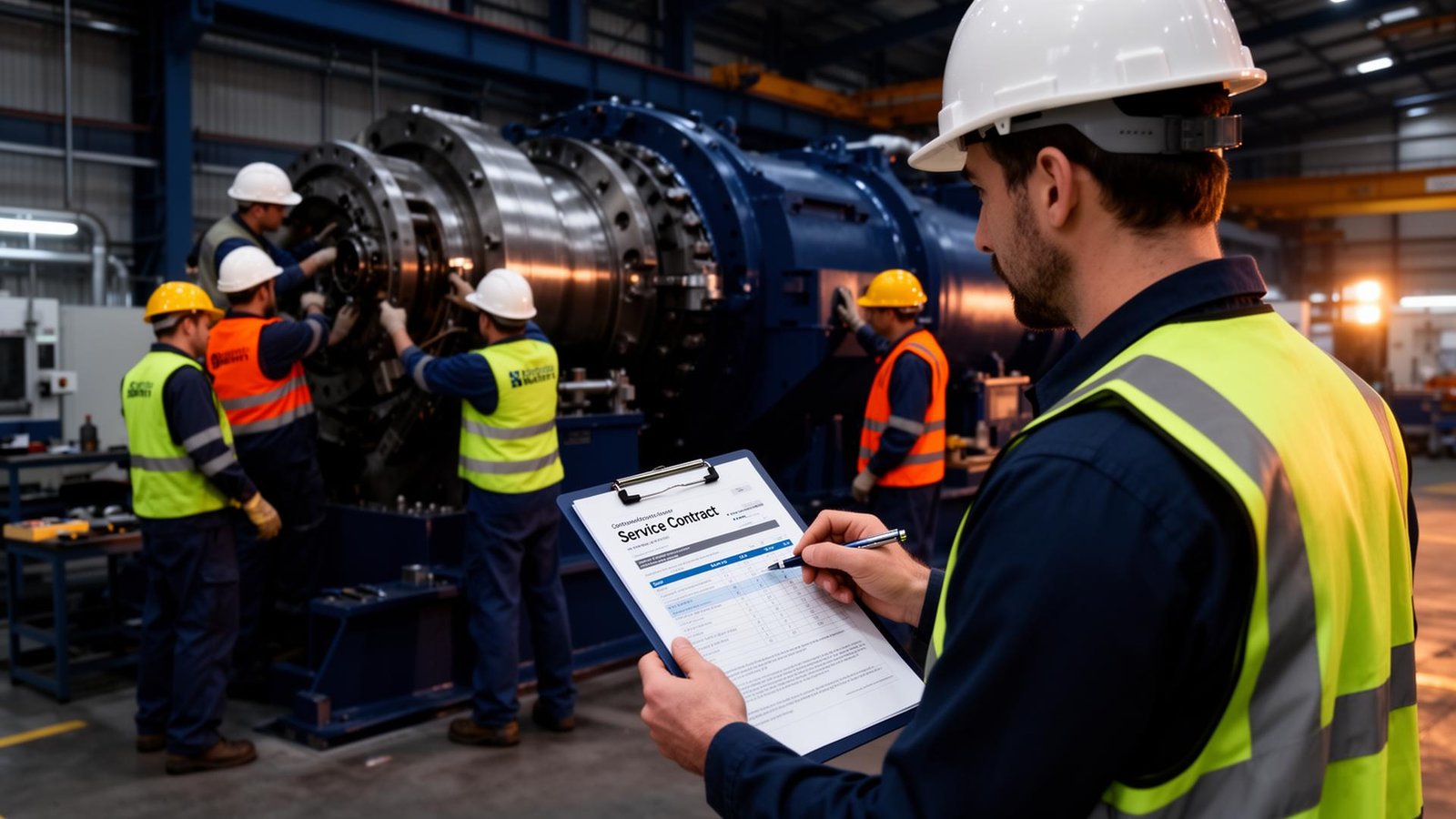 Gestor de contratos analisando contrato de serviço com equipe terceirizada em obra industrial
